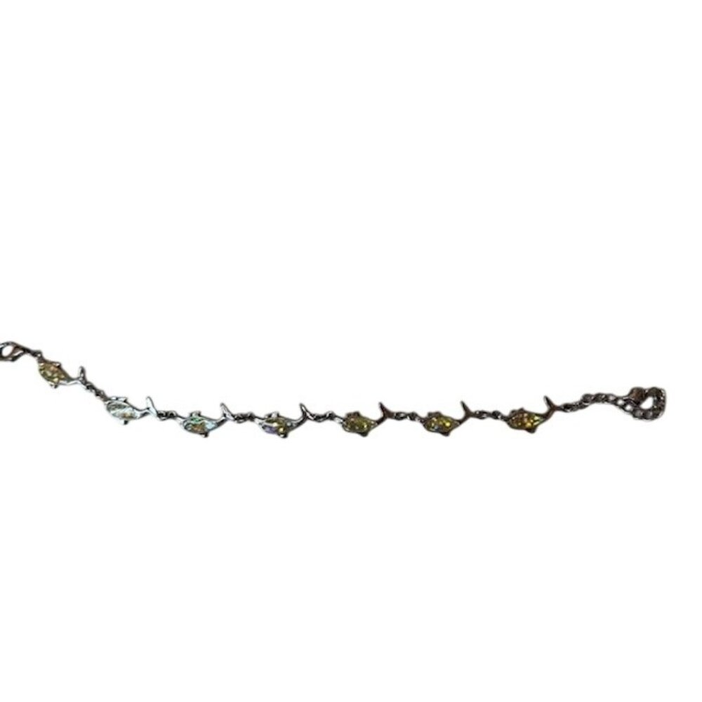 Dolphin Charm Bracelet With Sparkling Resin Inlays & Heart Clasp - Silver Tone